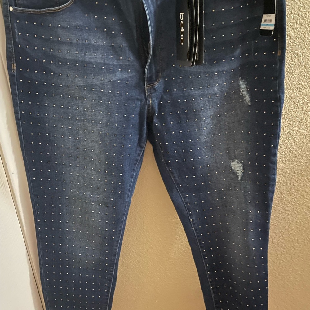 Bebe Dark Blue Womens Skinny Jeans with Rhinestones
